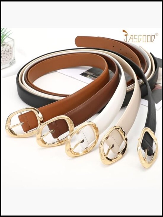 Faux Leather Women\'s Belt with Gold Buckle, 3-Pack